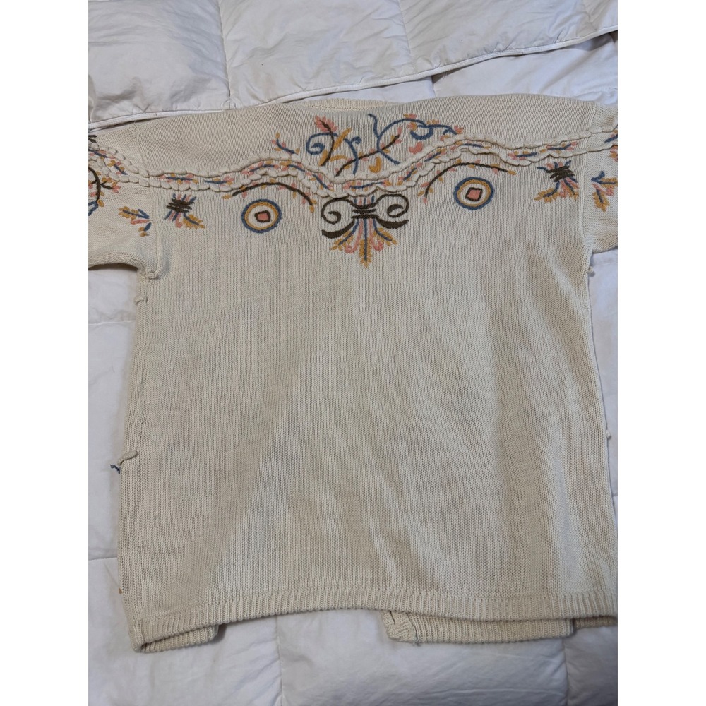 Vintage Kitty Hawk Floral Embroidered Cardigan Sweater Cream V-Neck Large - Picture 9 of 9